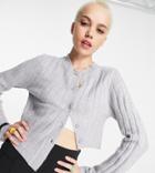 Collusion Asymmetric Knitted Ribbed Cardigan In Gray-blues