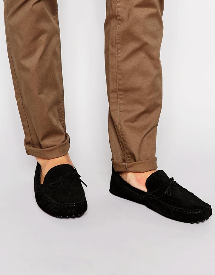 Asos Driving Shoes In Black Suede With Tie Front - Black