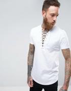 Asos Longline T-shirt With Deep Lace Up Neck And Curve Hem - White