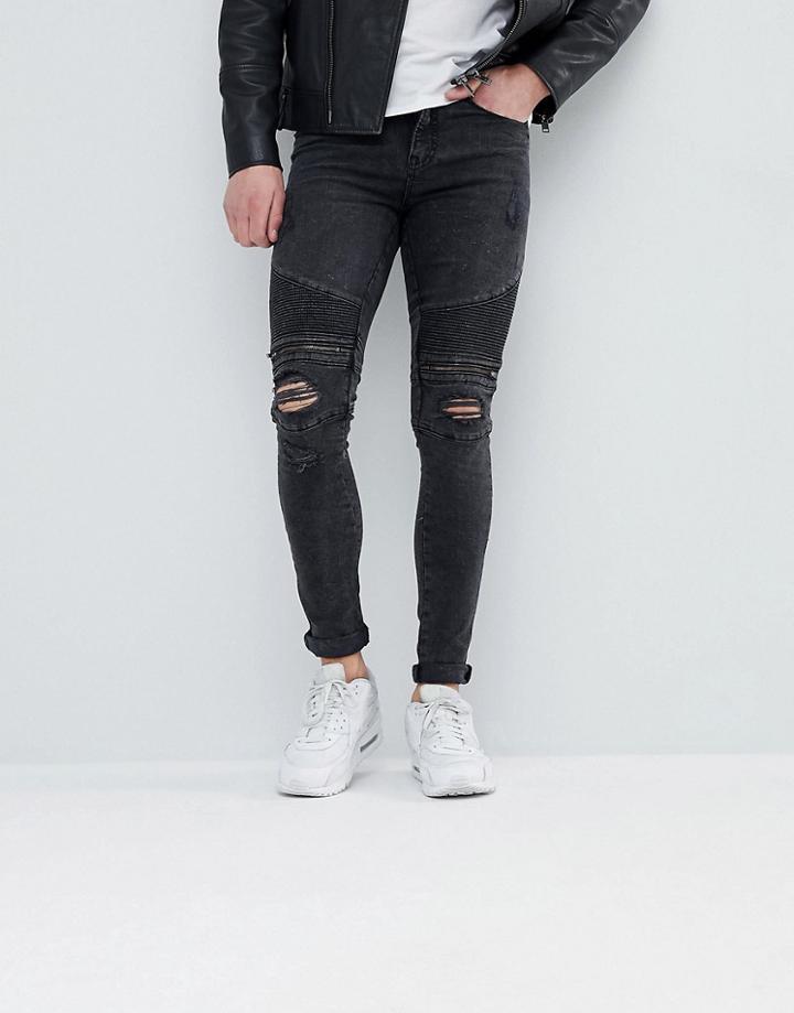 New Look Skinny Biker Jeans In Black With Rips - Black