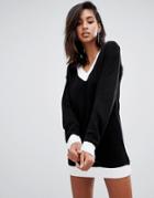 Boohoo V Neck Stripe Sweater Dress In Mono - Black