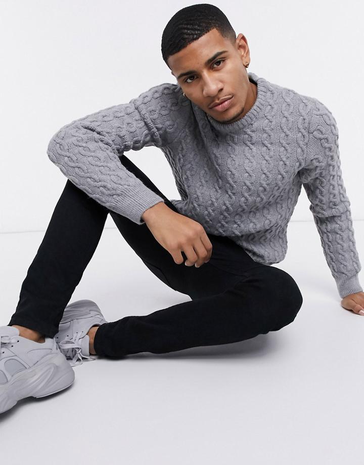 Asos Design Chain Cable Knit Sweater In Gray-grey