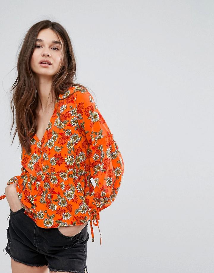 Influence Button Front Peplum Floral Blouse - Orange
