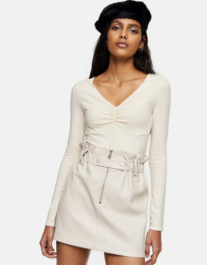 Topshop Ruched Front Long Sleeve Top In Cream-white