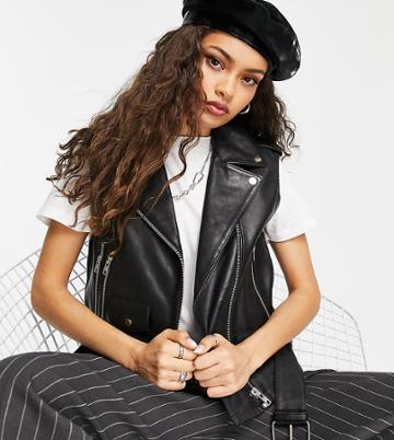Barney's Originals Petite Real Leather Sleeveless Moto Jacket Vest-black