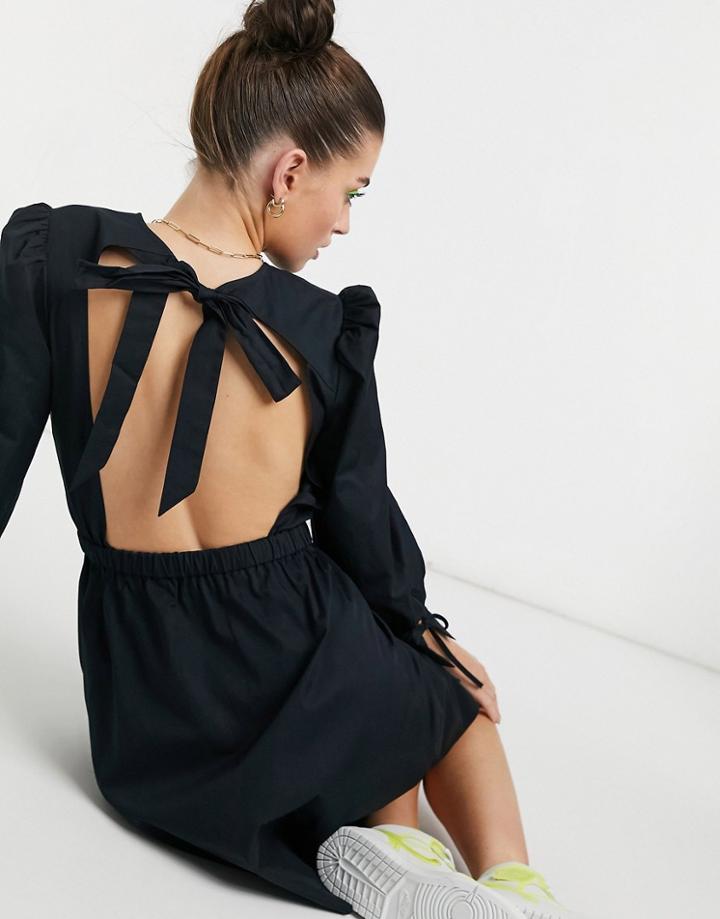 Aligne Organic Cotton Mini Smock Dress With Open Tie Back Detail In Black