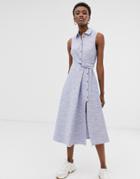 Asos White Textured Cotton Sleeveless Shirt Midi Dress-blue