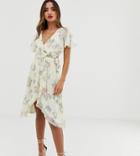Asos Design Midi Dress With Cape Back And Dipped Hem In Cream Based Floral - Multi
