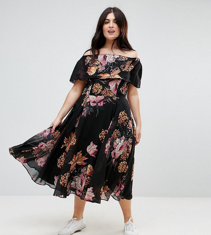 Asos Curve Black Floral Bardot Midi Dress - Multi