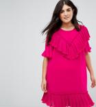 Asos Curve Pleated Ruffle Shift Mini Dress With Neck Tie - Pink