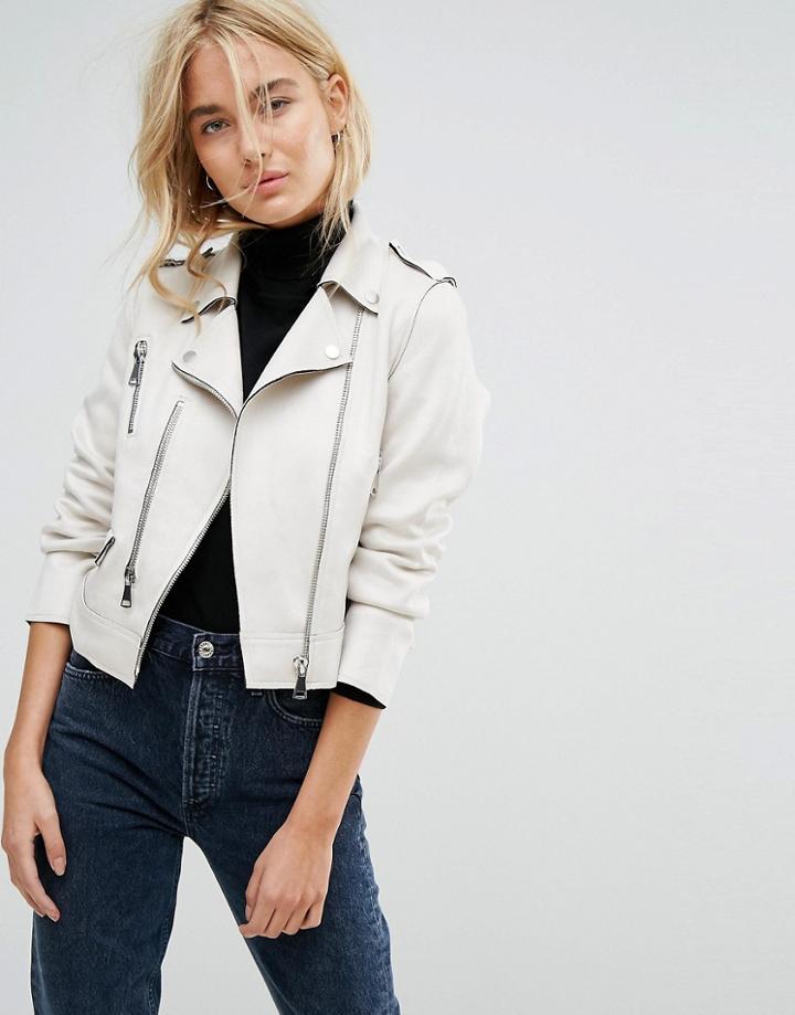 Mango Faux Leather Zip Biker Jacket - Cream