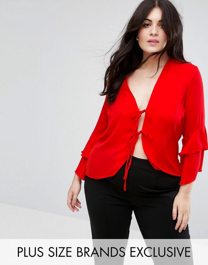 John Zack Plus Tie Front Blouse With Ruffle Sleeve - Pink