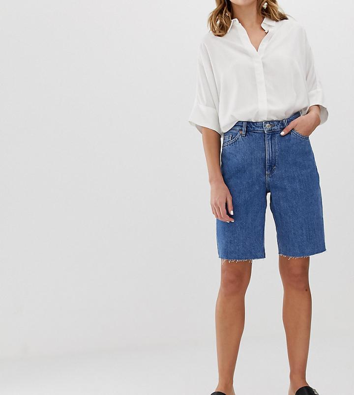 Monki Straight Leg Longline Denim Shorts In Blue Wash