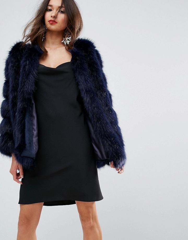 Jayley Luxurious Stripe Fur Jacket - Navy