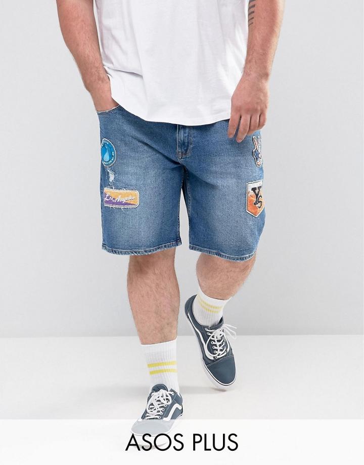 Asos Plus Slim Denim Shorts In Mid Wash Blue With Patches - Blue