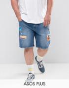 Asos Plus Slim Denim Shorts In Mid Wash Blue With Patches - Blue