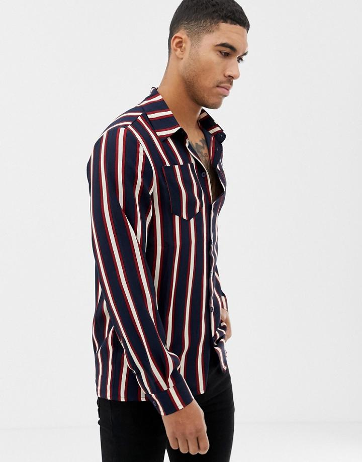 Boohooman Regular Fit Shirt In Navy Stripe - Navy