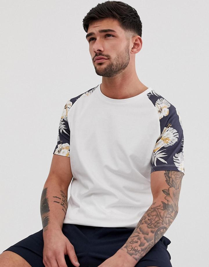 Jack & Jones Originals Longline Curved Hem T-shirt With Floral Raglan - White