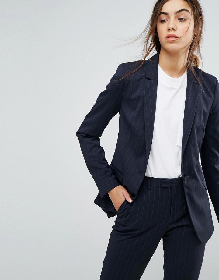Selected Foxy Lux Pinstripe Wool Blend Long Blazer - Navy