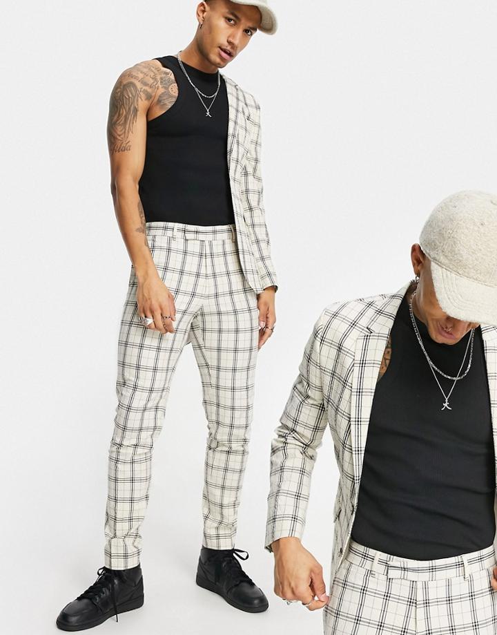 Asos Design Super Skinny Wedding Suit Pants In Beige Grid Check-neutral