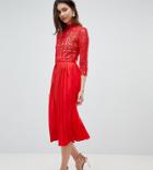 Little Mistress Tall 3/4 Sleeve Lace Top Pleated Midi Dress-red