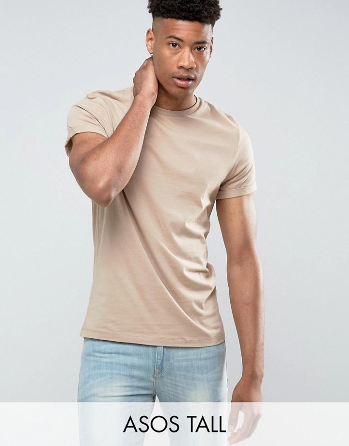 Asos Tall T-shirt With Roll Sleeve In Beige - Beige