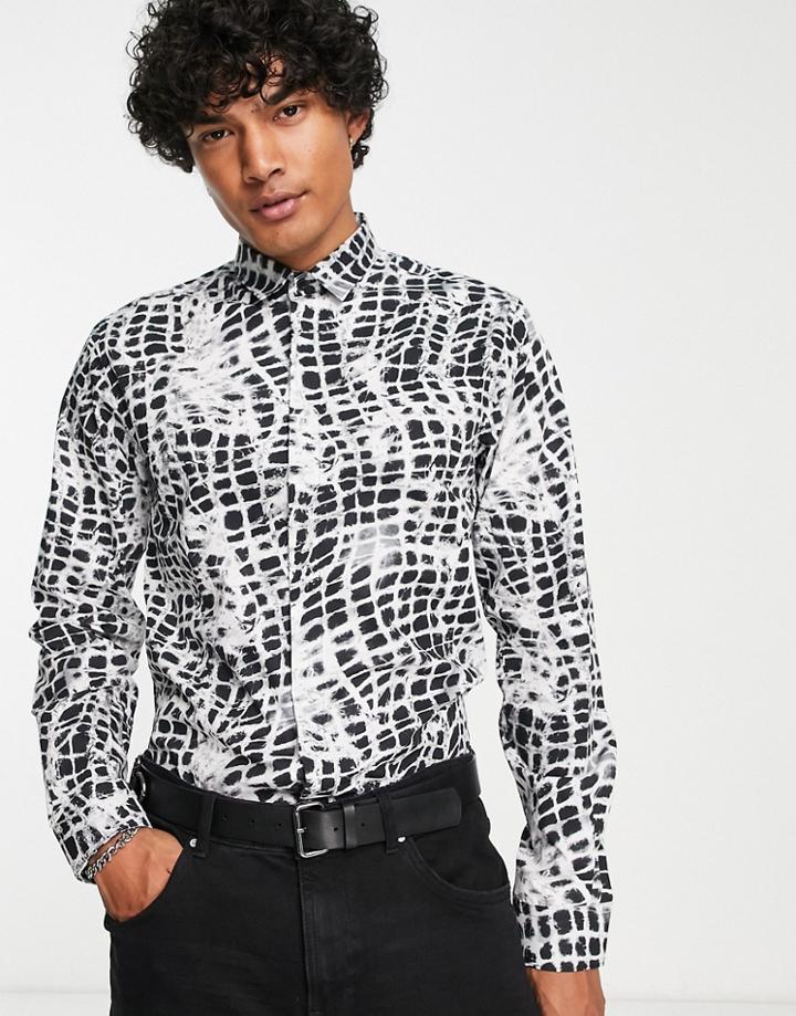 Twisted Tailor Fense Camp Collar Shirt In Black And White Snakeskin Print-multi