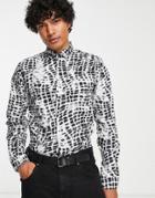 Twisted Tailor Fense Camp Collar Shirt In Black And White Snakeskin Print-multi