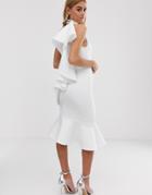Asos Design One Shoulder Ruffle Halter Midi Dress-white