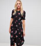 Influence Tall Shirred Sleeve Floral Midi Dress With Button Down Front - Black