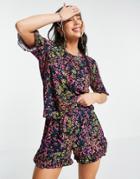 Only T-shirt With Frill Sleeve In Navy Floral - Part Of A Set-multi