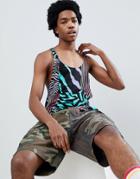 Asos Design Extreme Racer Back Tank With All Over Festival Animal Print And Raw Edge - Black