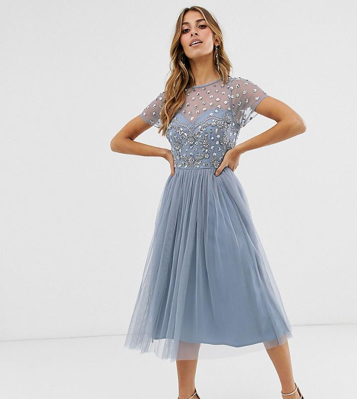 Maya Cap Sleeve Floral Embellished Midi Prom Dress In Dusty Blue - Blue
