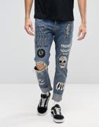 Asos Slim Jeans With Badges In Mid Wash Blue - Blue