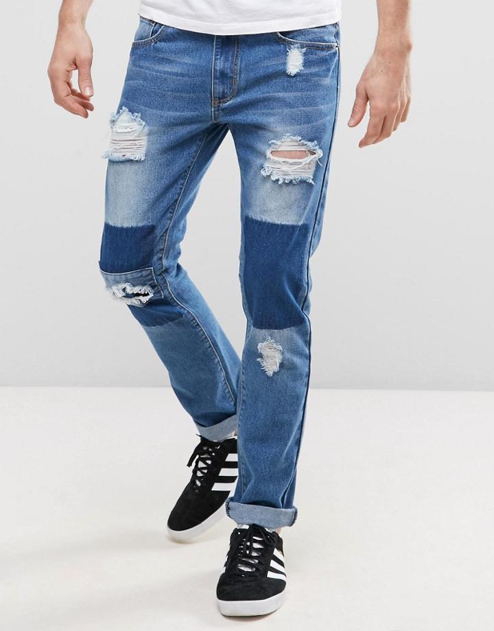 Liquor & Poker Patchwork Slim Jean - Blue