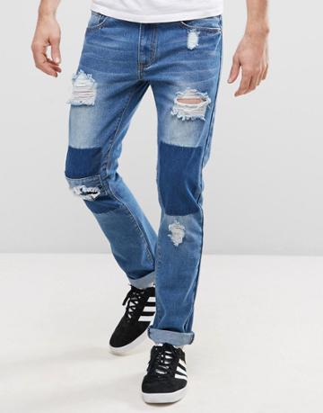 Liquor & Poker Patchwork Slim Jean - Blue