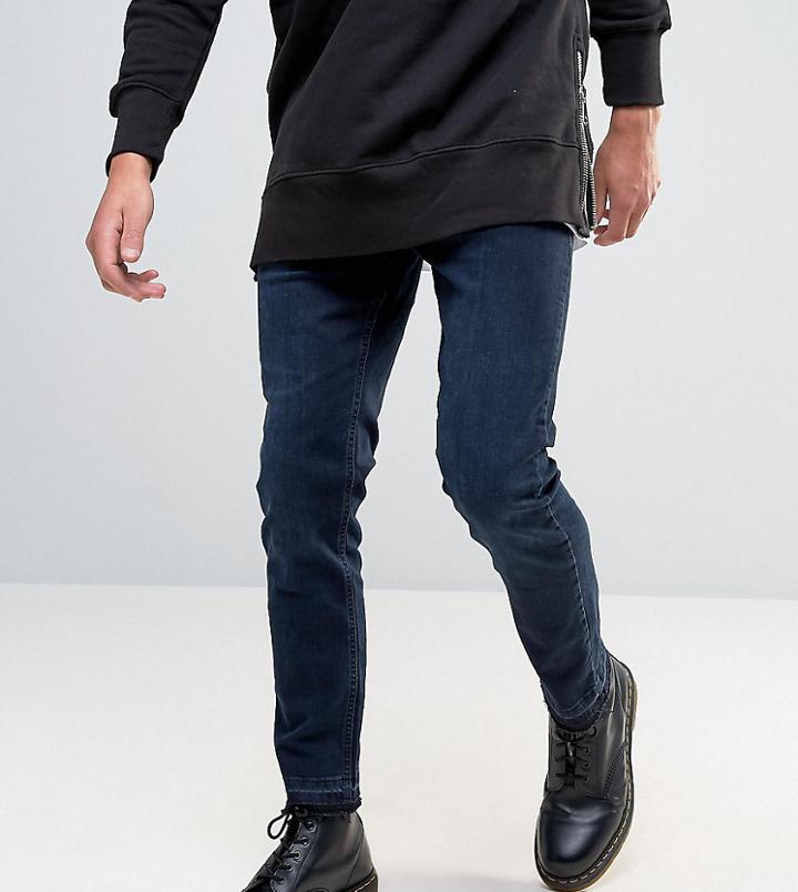 Mennace Muscle Fit Slim Fit Cropped Jeans With Raw Hem In Indigo - Black