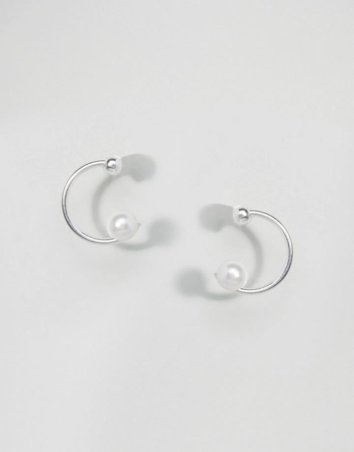 Asos Sterling Silver 14mm Faux Pearl Hoop Earrings - Silver