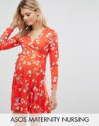 Asos Maternity Tall Nursing Wrap Skater Dress In Floral Print - Multi