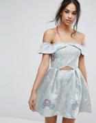 Missguided Brocade Off The Shoulder Skater Dress - Blue