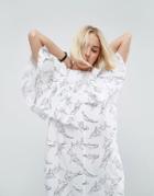 Asos White Outline Print Frill Midi Dress - White