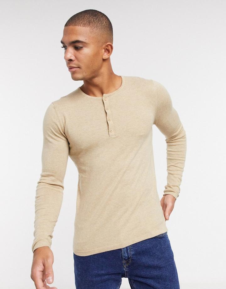 Asos Design Cotton Grandad Neck Sweater In Camel-brown