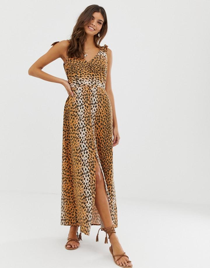 Asos Design Tie Back Linen Maxi Dress In Leopard Print - Multi