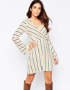 Asos Wrap Dress With Fluted Sleeve In Stripe - Print