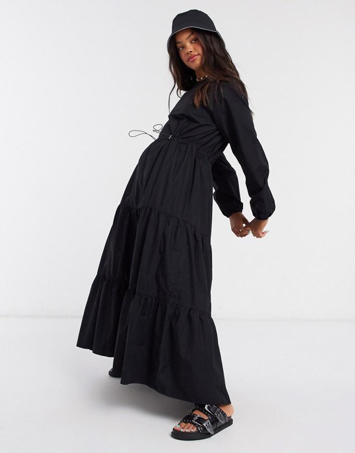 Monki Florentina Poplin Trapeze Maxi Dress With Draw Cord In Black