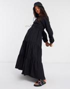 Monki Florentina Poplin Trapeze Maxi Dress With Draw Cord In Black