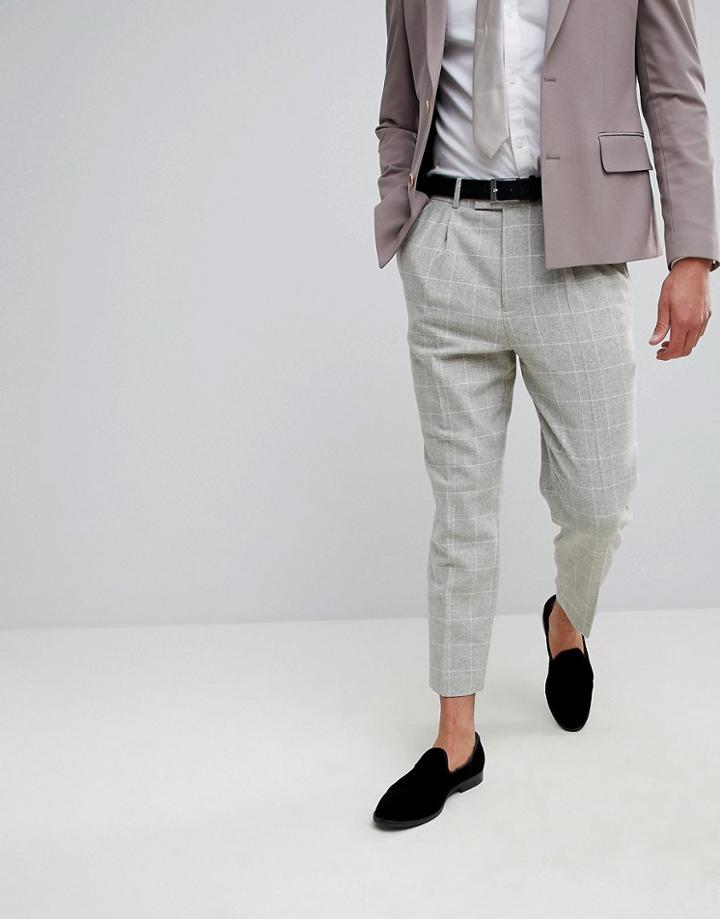 Asos Design Tapered Smart Pants In Putty Wool Mix Check-gray