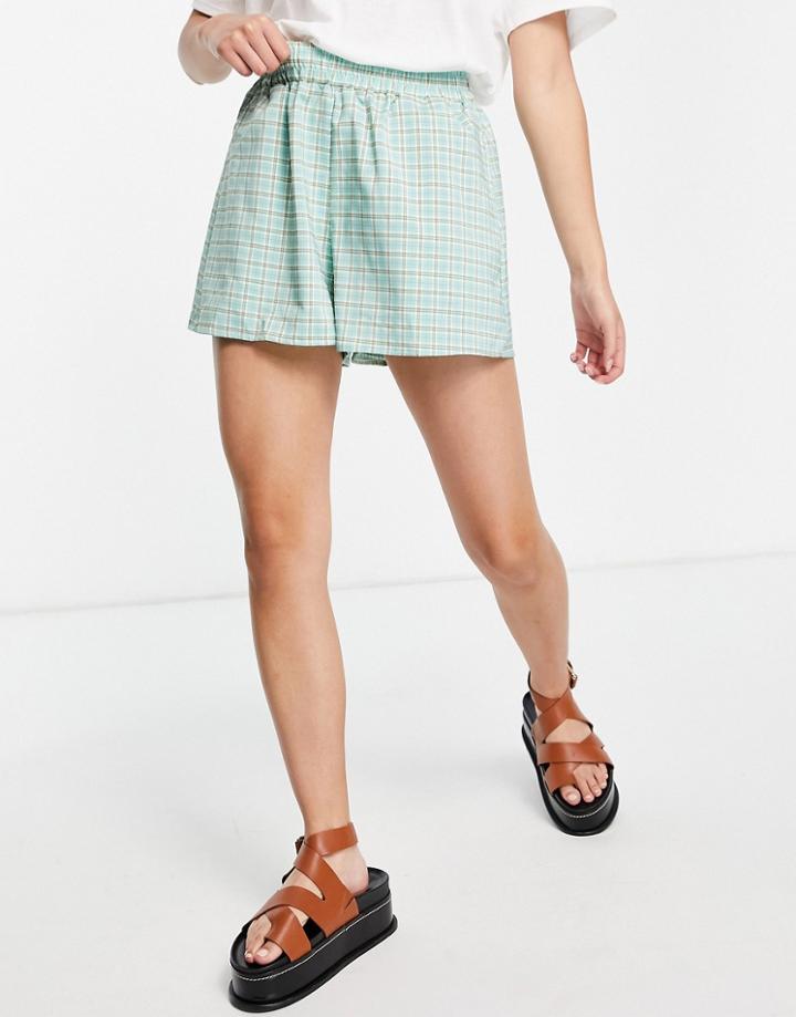 Fashion Union Boxy Shorts In Aqua Check - Part Of A Set-blues