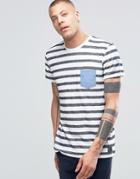 !solid Crew Neck Striped T-shirt With Contrast Pocket And Arm Detail - Navy
