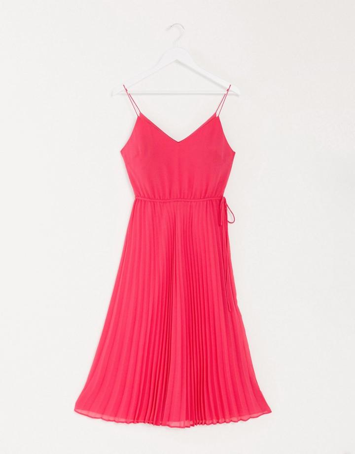 Asos Design Pleated Cami Midi Dress With Drawstring Waist In Hot Pink